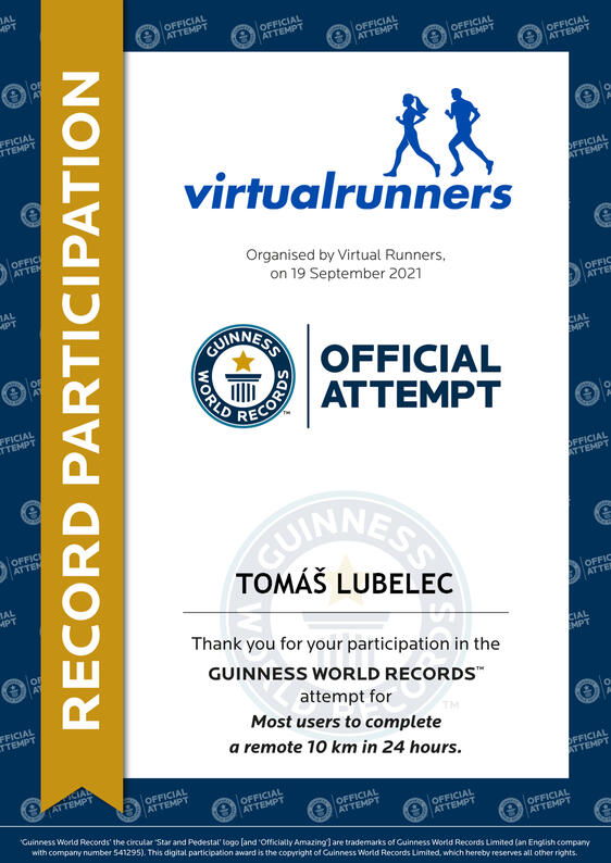 Tomáš Lubelec - GWR Official Attempt Participation - Most users to complete a remote 10km in 24h