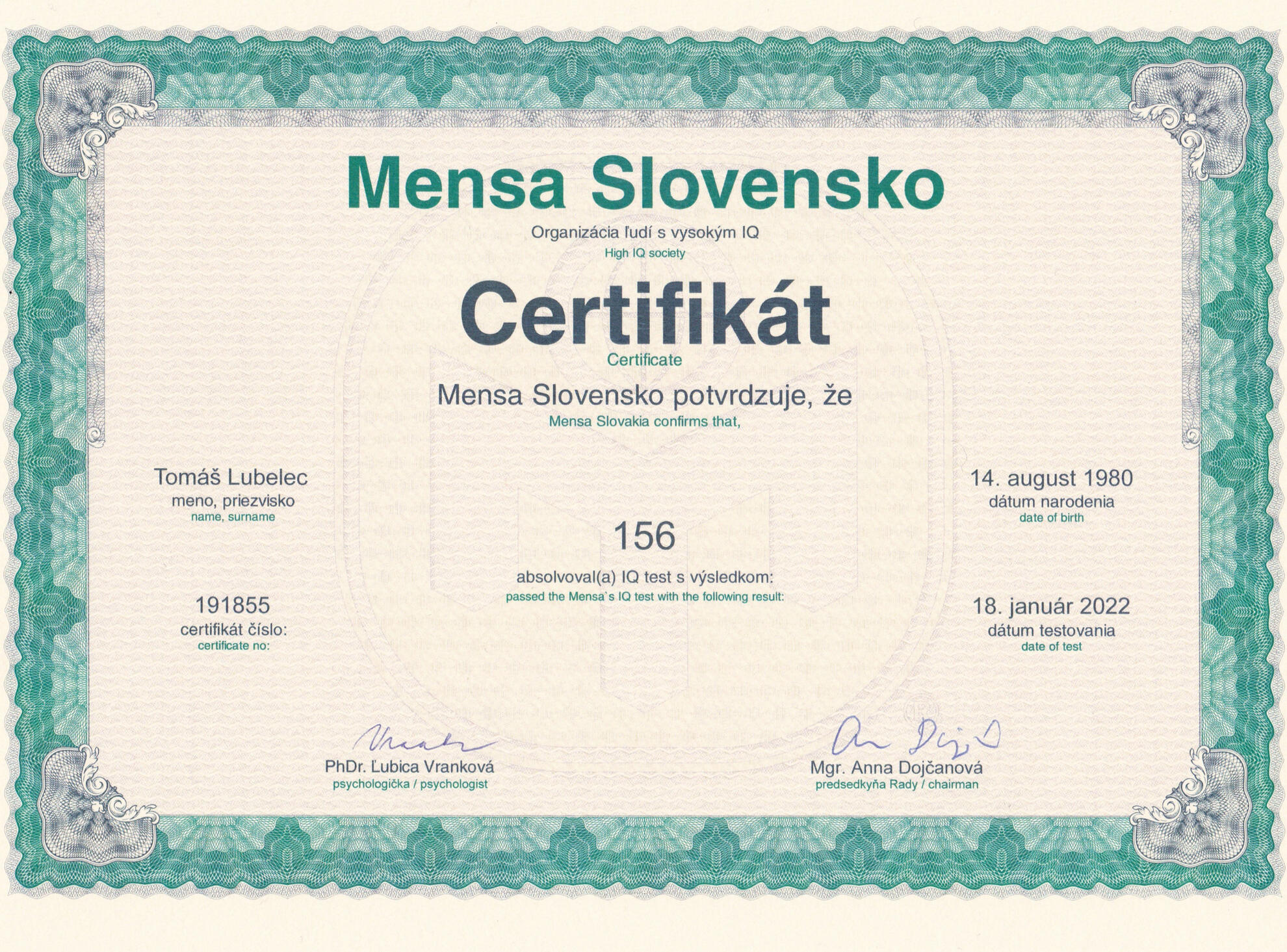 Tomáš Lubelec- Certifikát Mensa