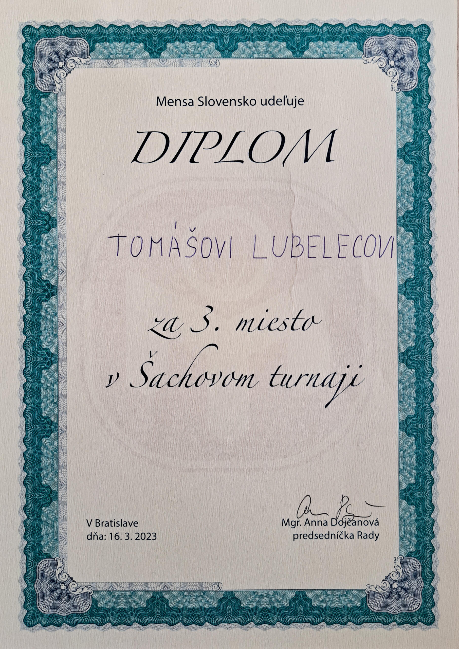 Tomáš Lubelec - 3.miesto v šachovom turnaji Mensa SK